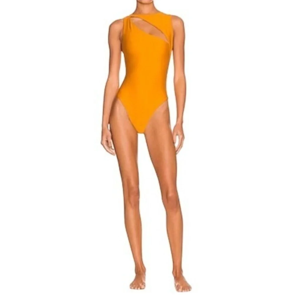 Boamar Mustard Yellow High Neck Cutout One-Piece‎ Swimsuit M
